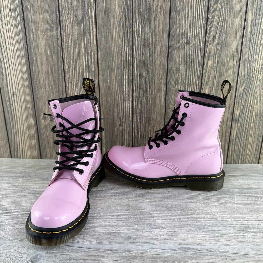 Dr Doc Martens Pink Black Combat Boots Barbie Patent Leather Women Size 7